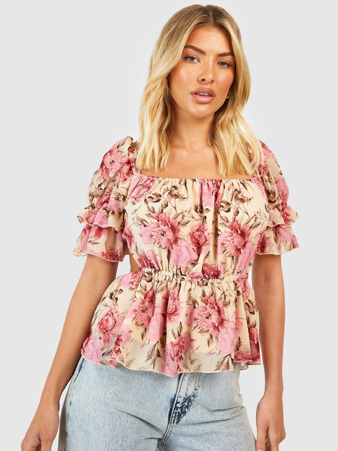 

Boohoo Floral Print Tie-Up Back Peplum Top, Pink