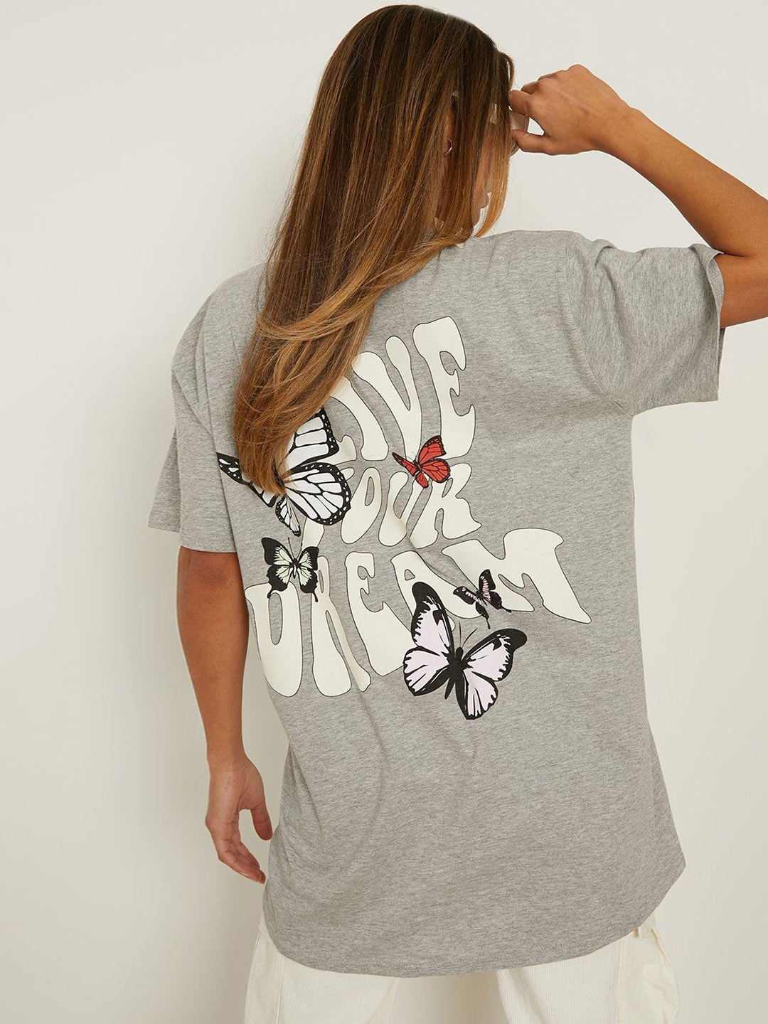 

Boohoo Typography Printed Pure Cotton Oversized T-shirt, Grey melange