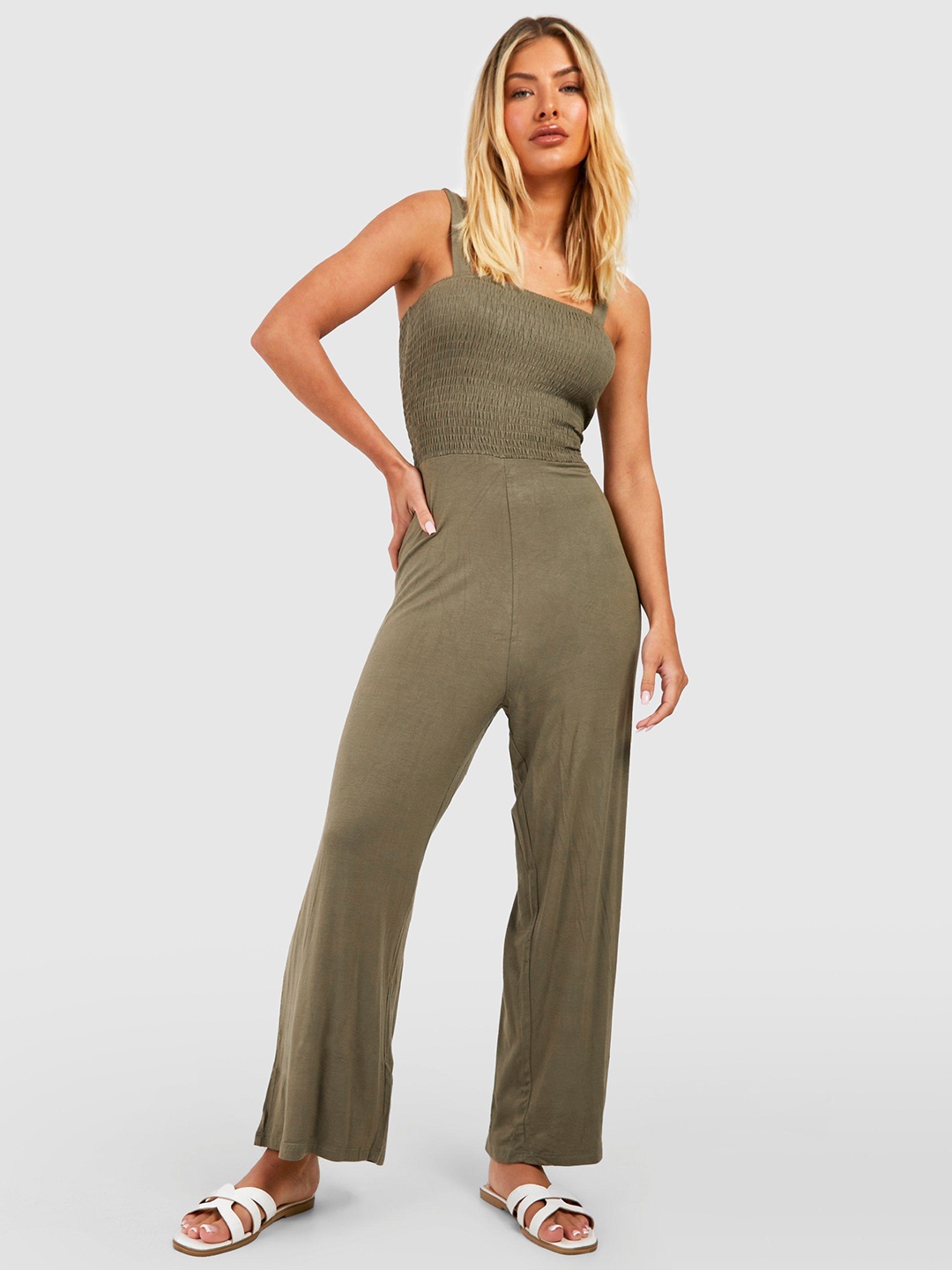 

Boohoo Shoulder Straps Smocked Basic Jumpsuit, Green