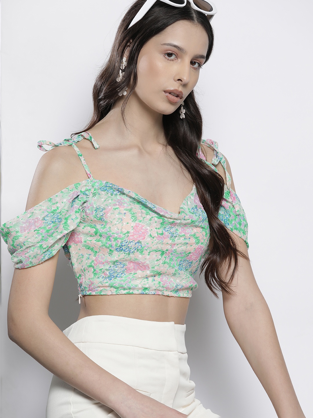 

Boohoo Floral Print Cold-Shoulder Crop Top, Green