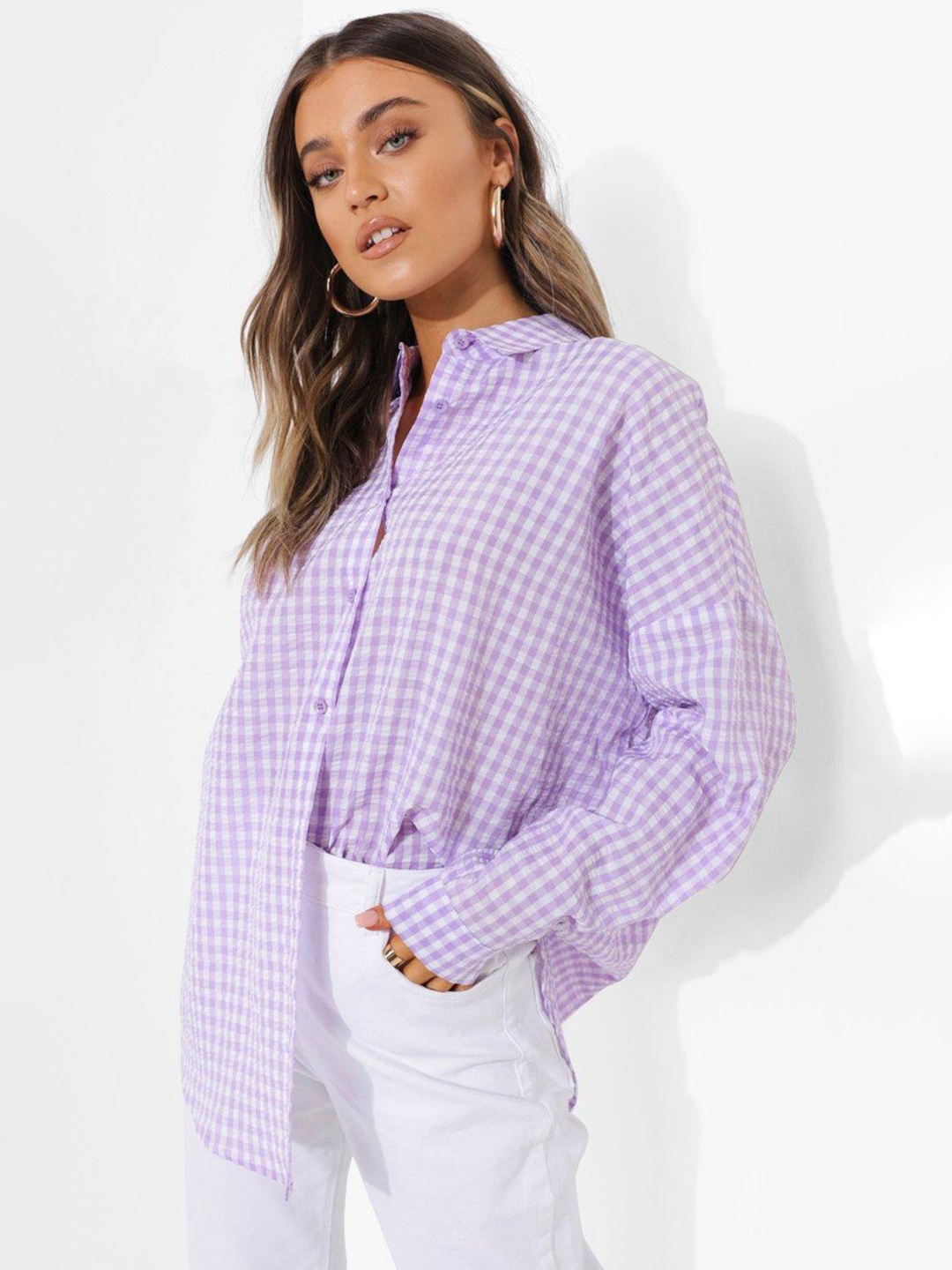 

Boohoo Women Gingham Checks Seersucker Oversized Casual Shirt, Lavender