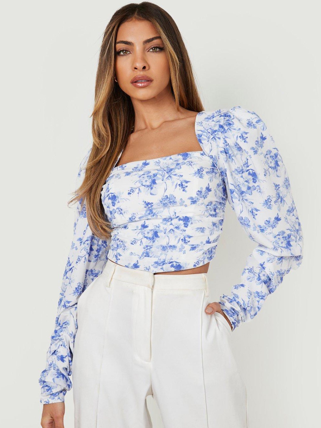 

Boohoo Floral Print Puff Sleeves Crop Top, White