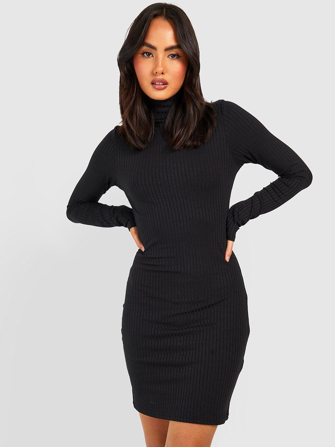 

Boohoo Ribbed Turtle Neck Bodycon Dress, Black