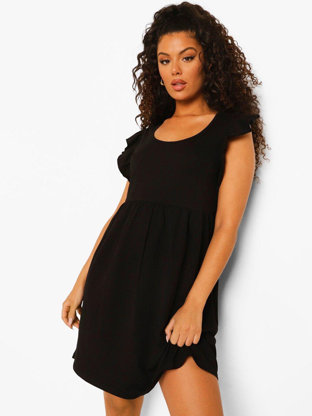 

Boohoo Frilled Sleeve Scoop Neck Fit & Flare Dress, Black