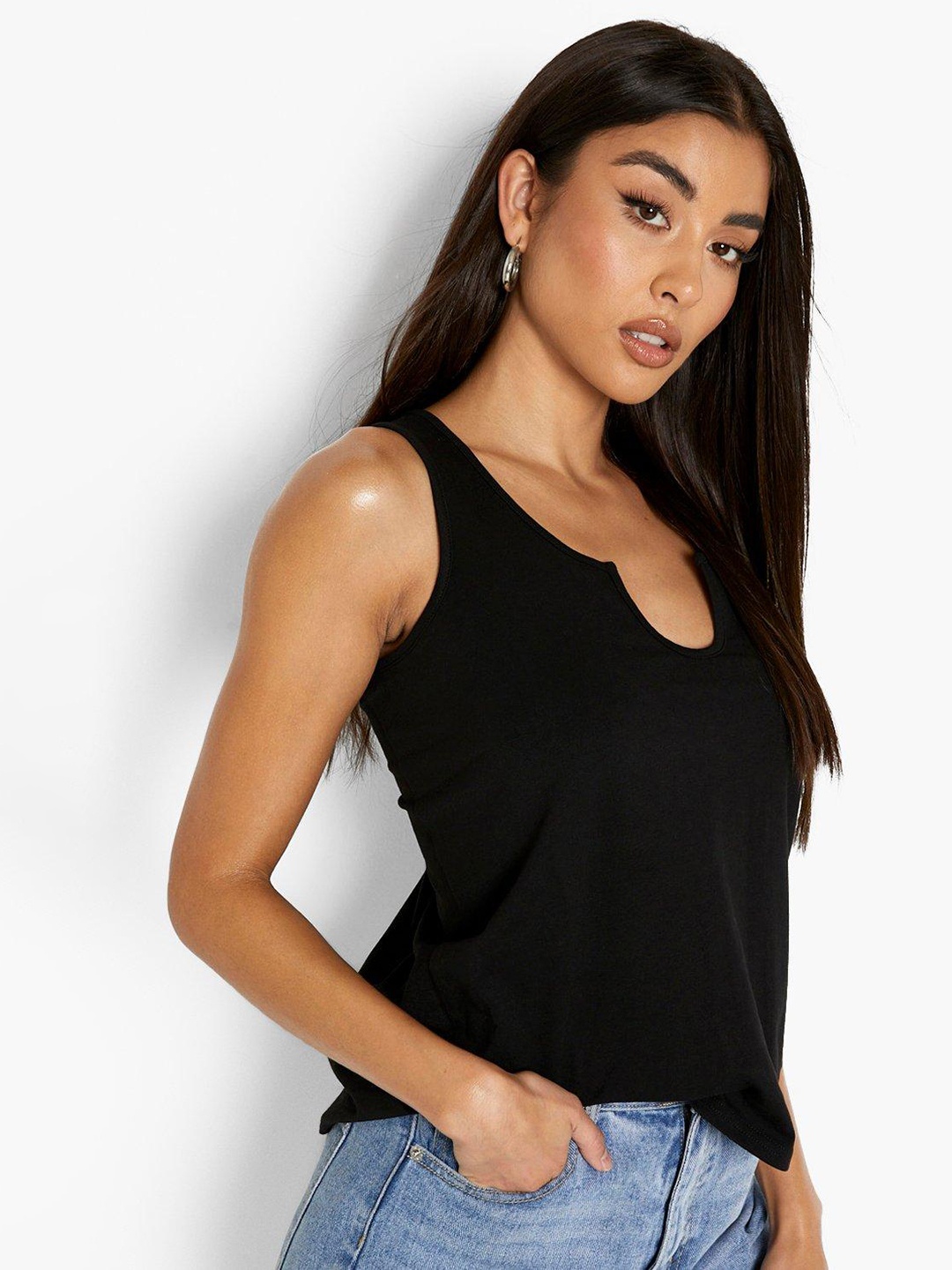 

Boohoo Notched Neck Top, Black