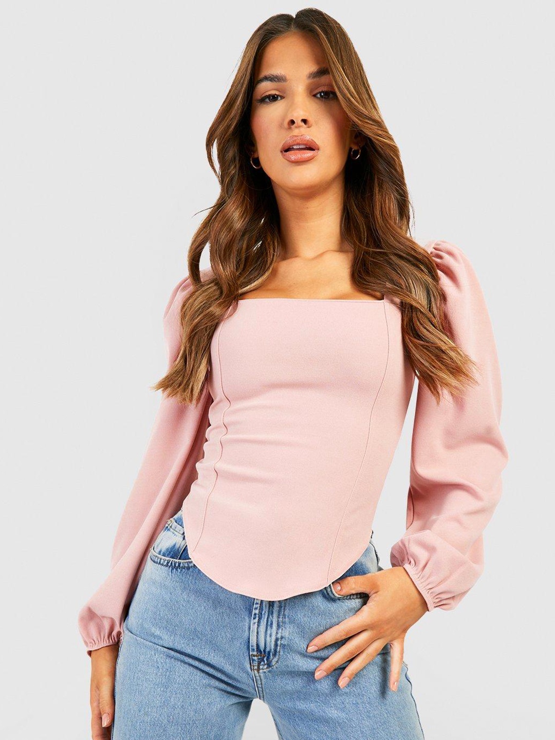 

Boohoo Puff Sleeves Square Neck Corset Top, Pink