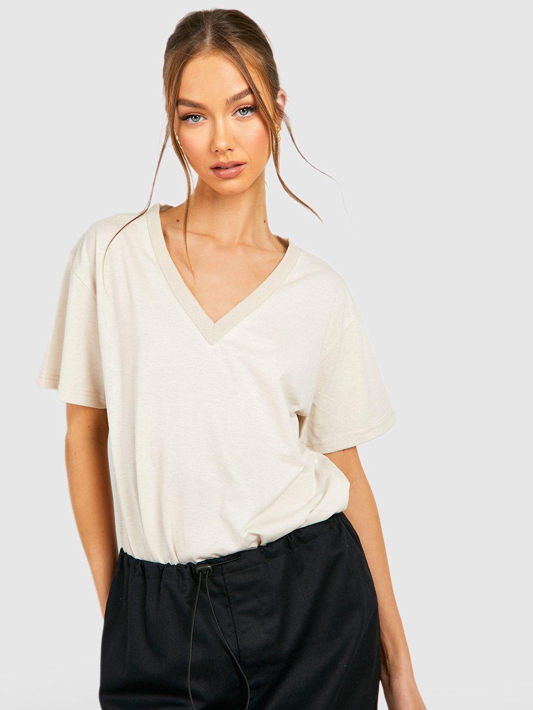 

Boohoo V-Neck Drop-Shoulder Sleeves Cotton T-shirt, Beige