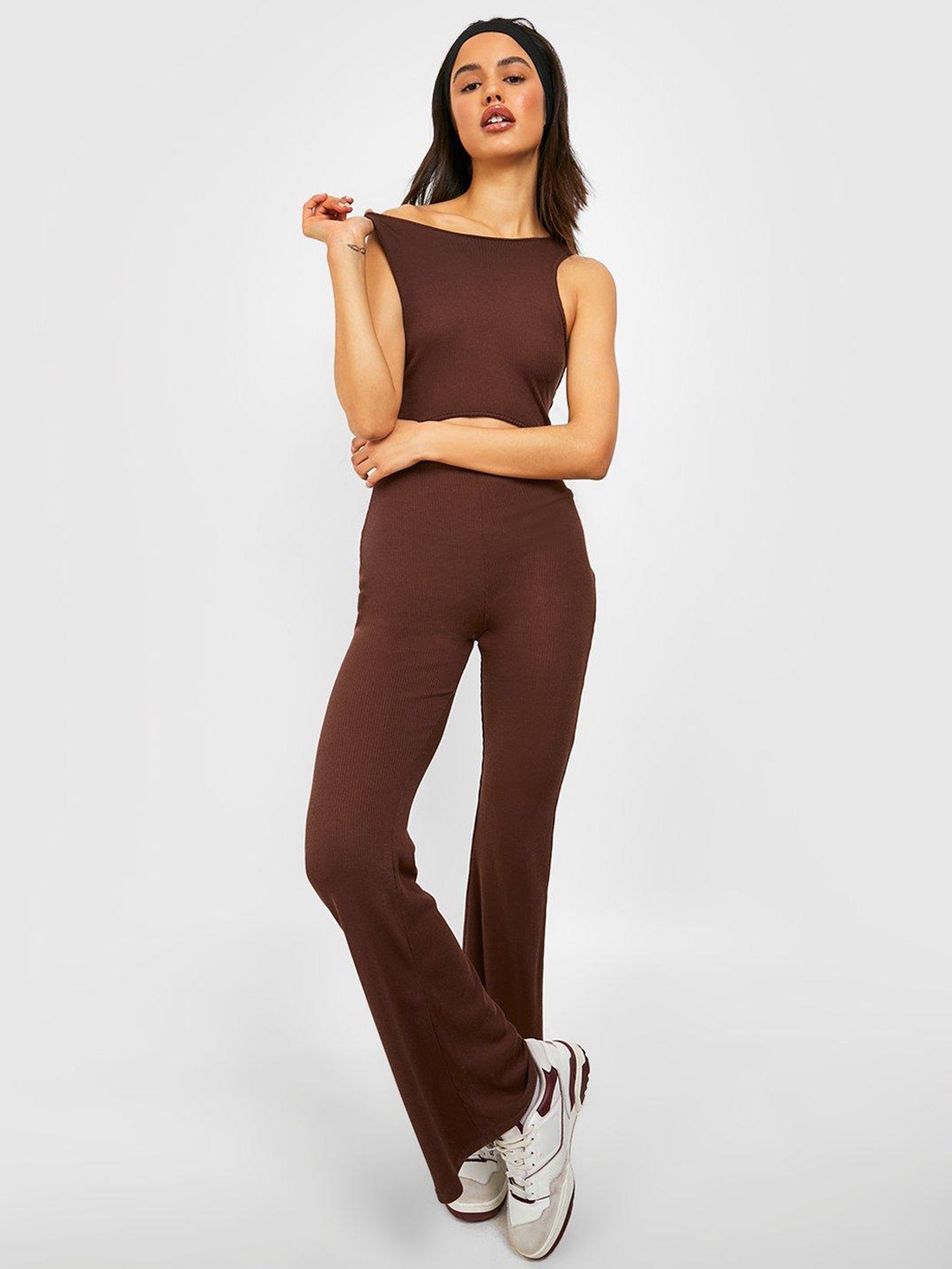 

Boohoo Ribbed Cut-Out Detail Flared Leg Jumpsuit, Brown