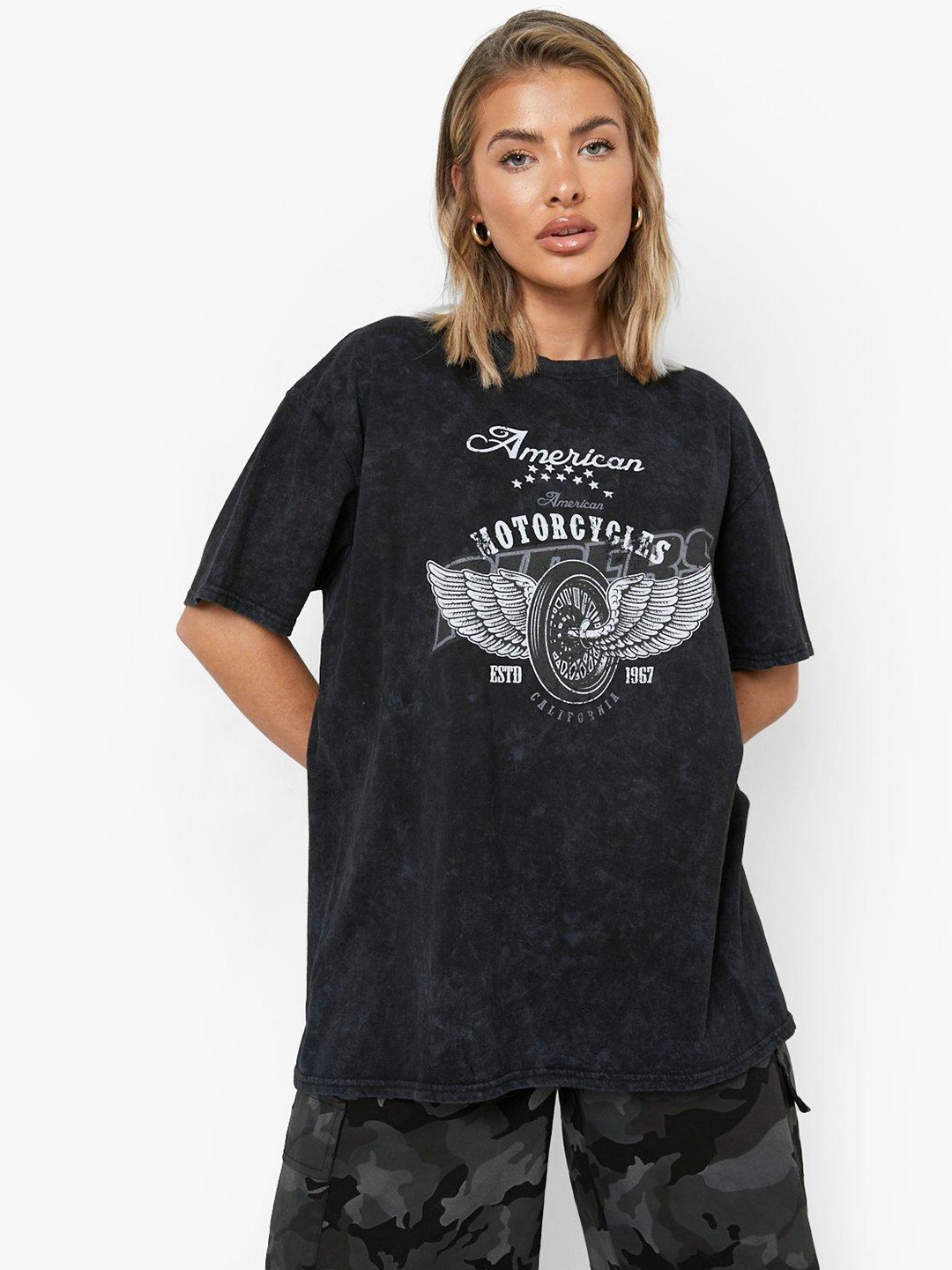 

Boohoo Printed Drop-Shoulder Sleeves Pure Cotton Oversized T Shirt, Charcoal