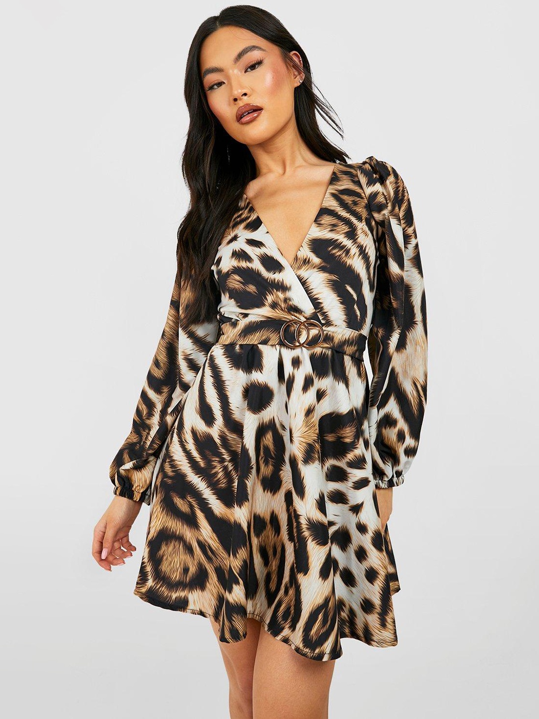 

Boohoo Animal Printed Puff Sleeves Mini Wrap Dress, White