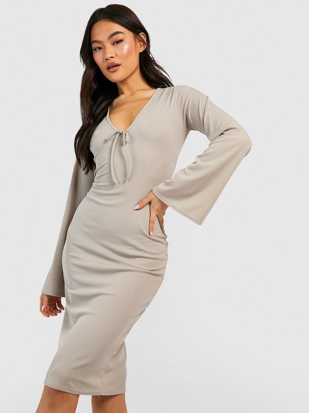 

Boohoo Ribbed Flared Sleeve Sheath Midi Dress, Taupe