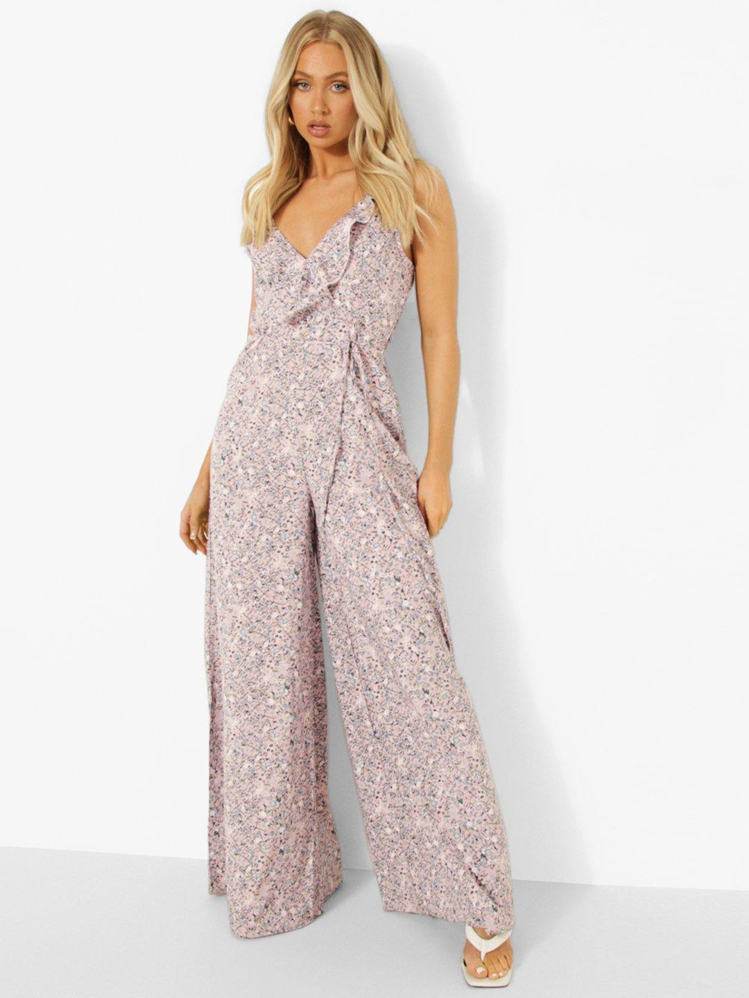 

Boohoo Micro Ditsy Floral Print Ruffled Jumpsuit, Peach