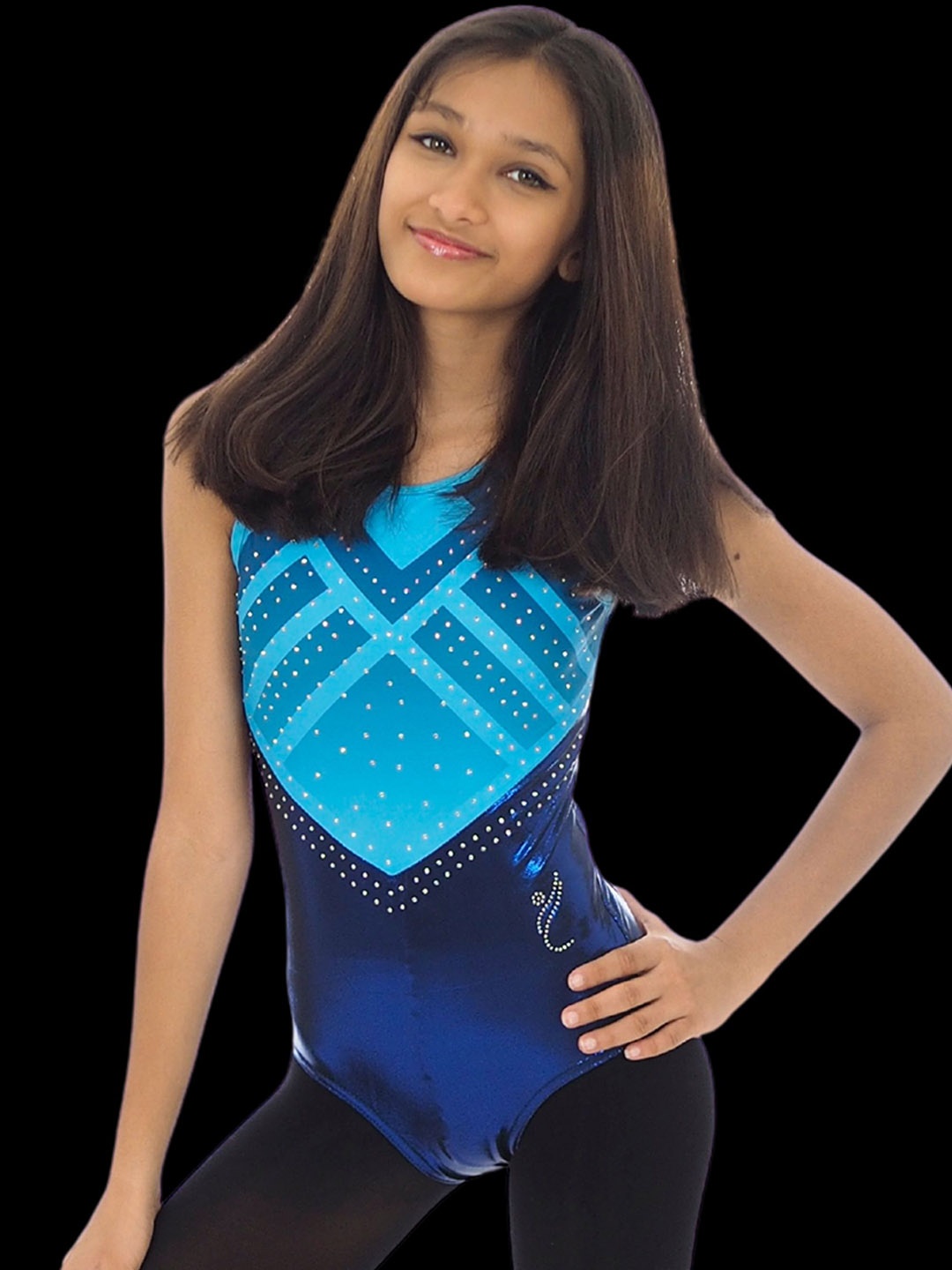 

IKAANYA Girls Geometric Printed Rhinestone Embellished Leotard Bodysuit, Blue