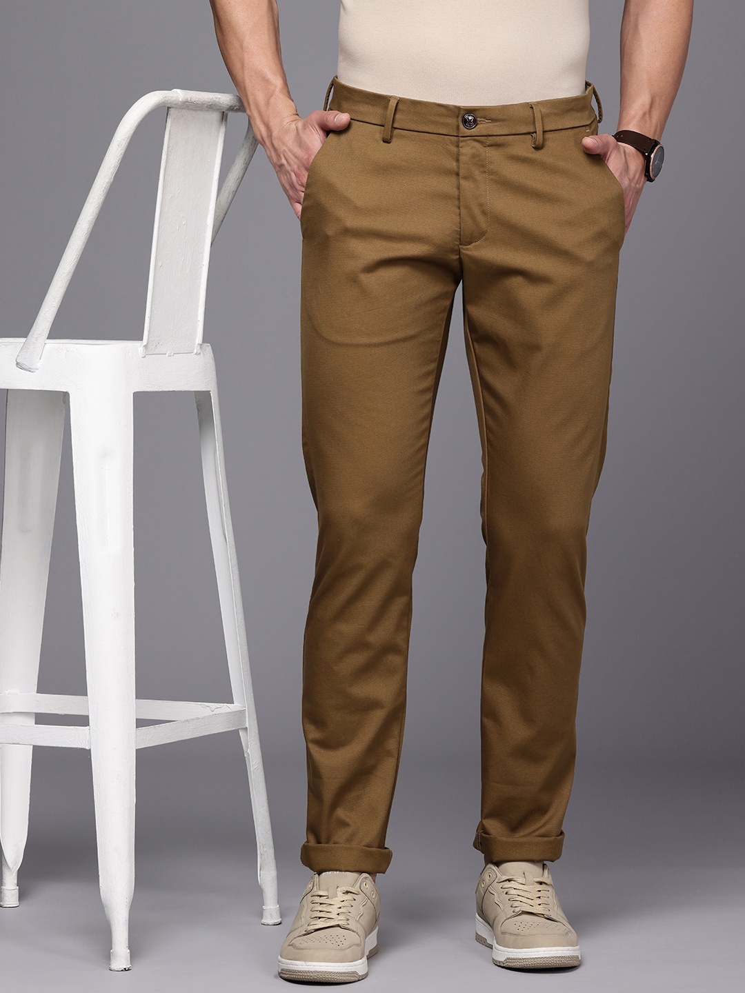 

Allen Solly Men Textured Smart Slim Fit Smart Casual Chinos Trousers, Khaki