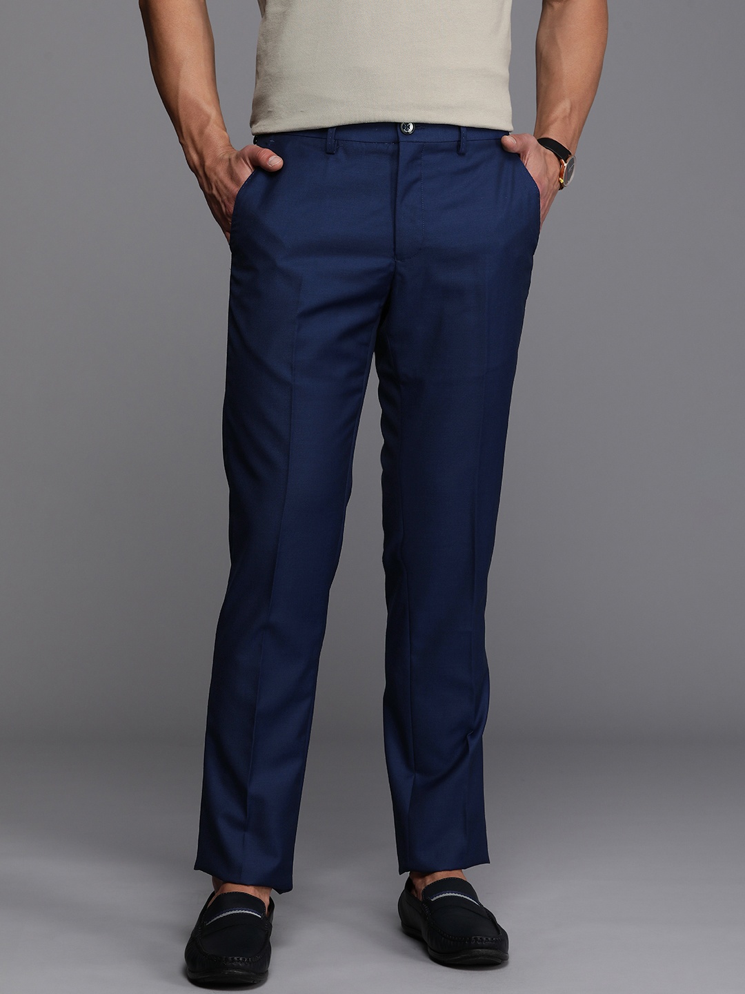

Allen Solly Men Smart Slim Fit Smart Casual Trousers, Navy blue