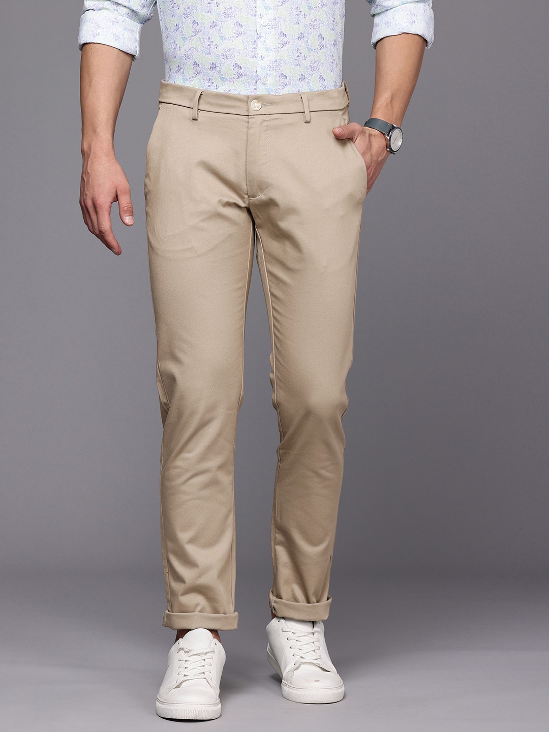 

Allen Solly Men Self Design Slim Fit Textured Semiformal Trousers, Beige