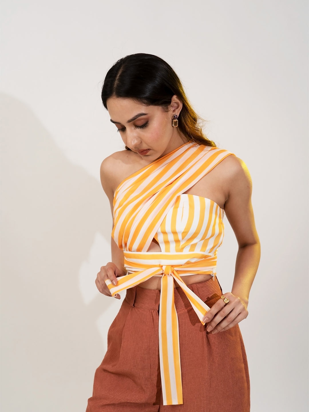 

POPPI Striped One Shoulder Tie-Up Georgette Crop Top, Yellow