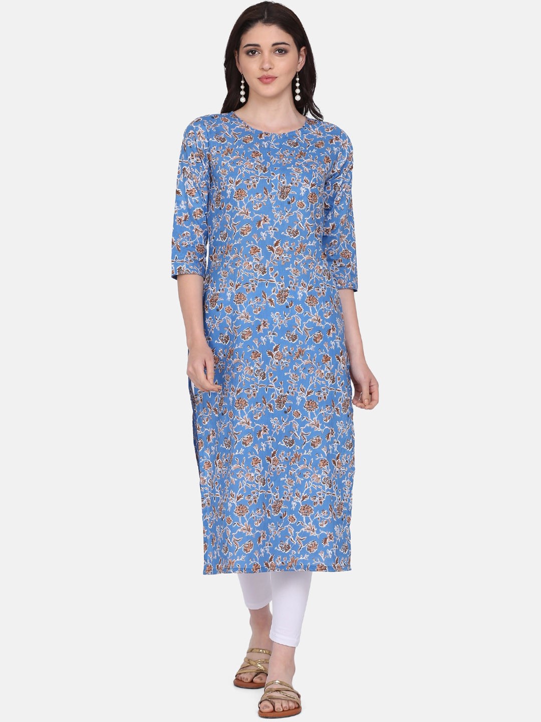 

Saanjh Women Floral Printed Cotton Straight Kurta, Blue