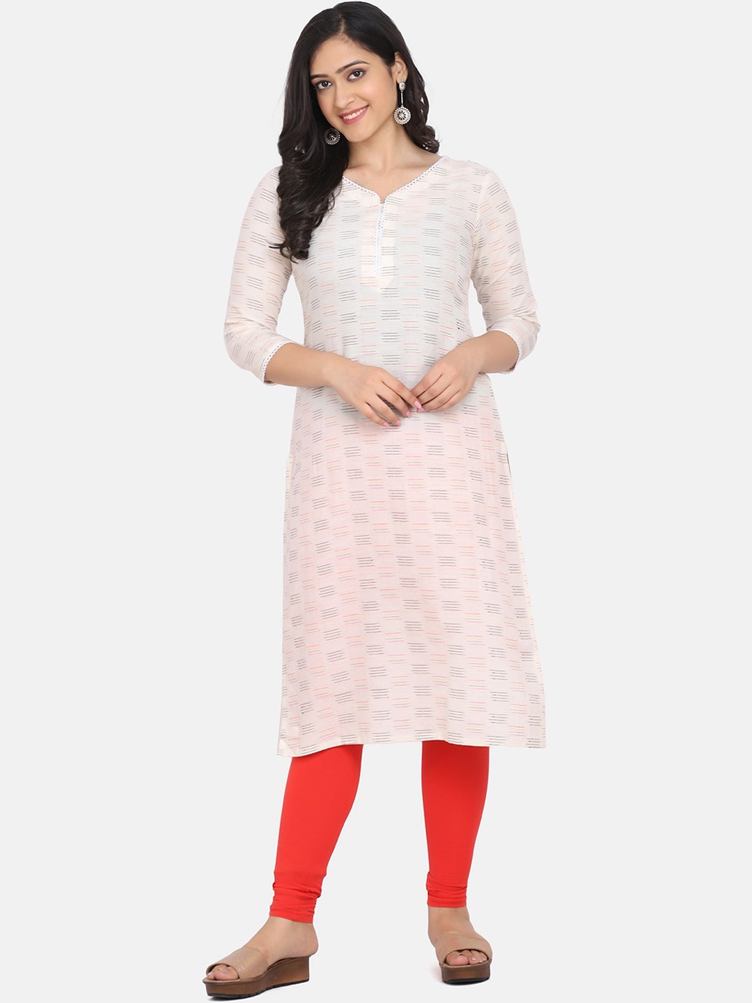 

Saanjh Off White & Black Woven Design V-Neck Cotton Kurta