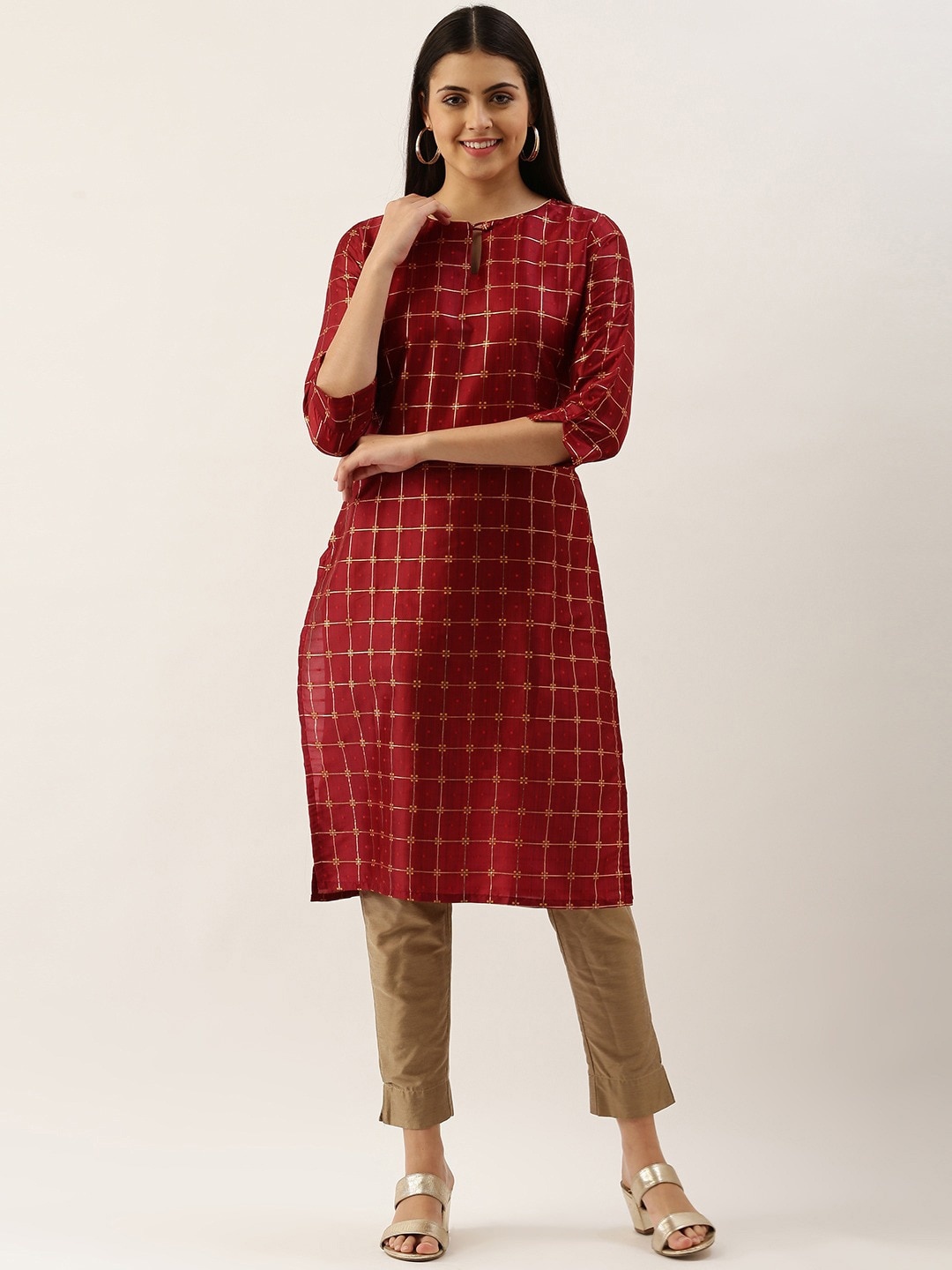 

Saanjh Maroon Checked Keyhole Neck Silk Kurta