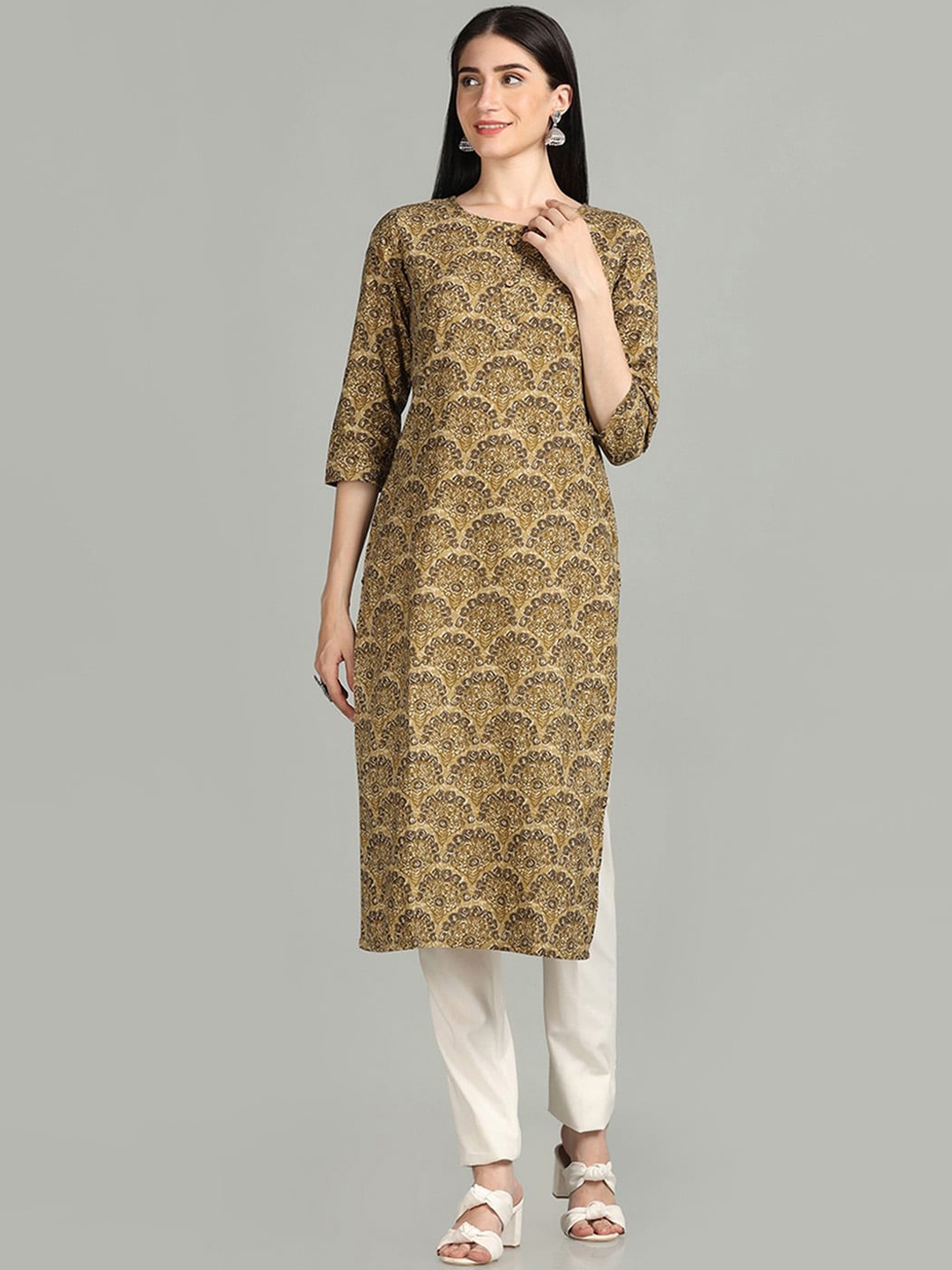 

Saanjh Olive Green Abstract Printed Pure Cotton Kurta