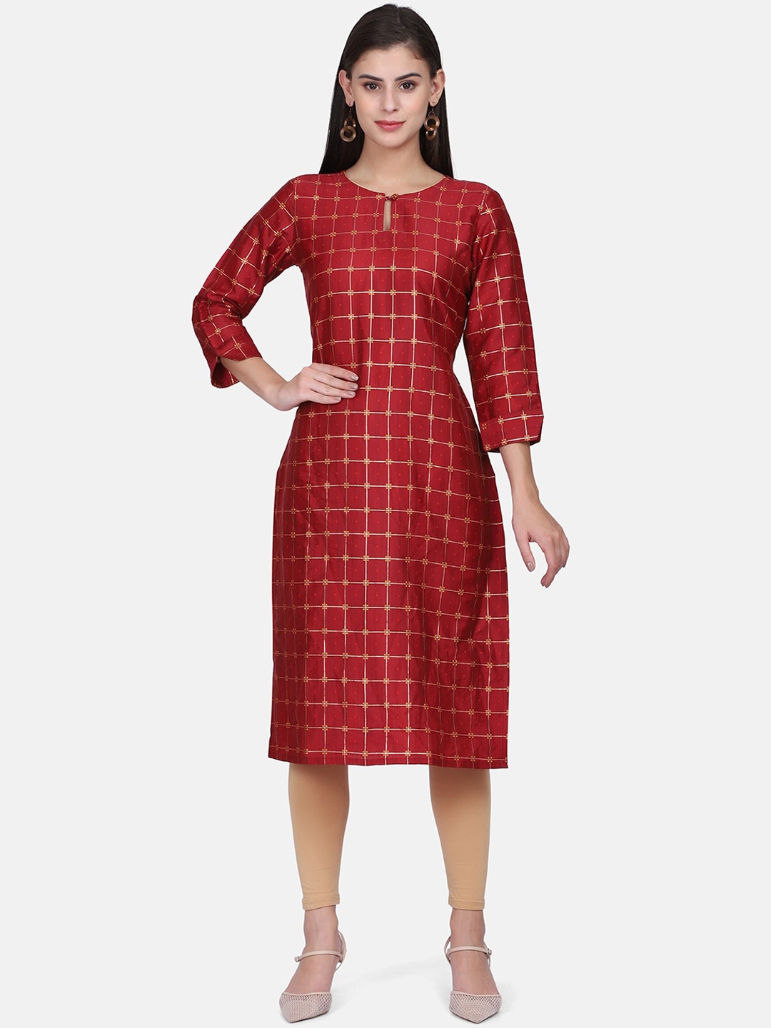 

Saanjh Checked Keyhole Neck Silk Straight Kurta, Maroon