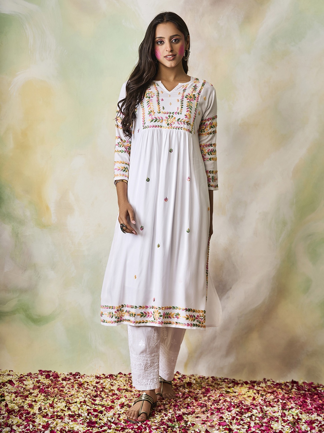 

HOUSE OF KARI Women Floral Embroidered A-Line Kurta, White