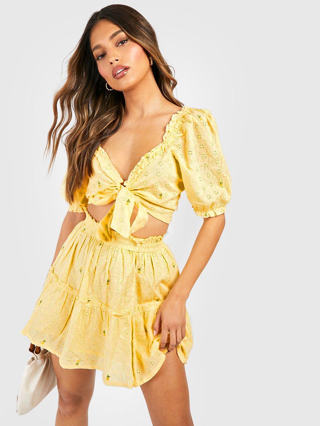 

Boohoo Women Pure Cotton Schiffli Co-Ords Set, Yellow