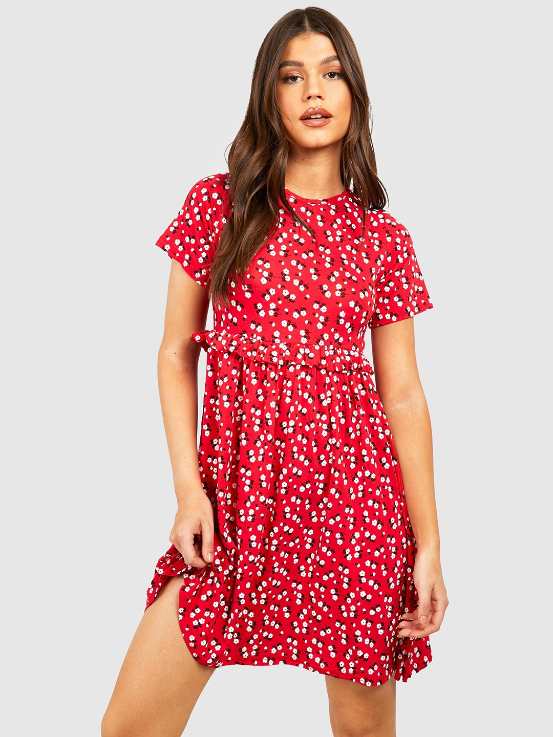 

Boohoo Floral Print Ruffled A-Line Dress, Red