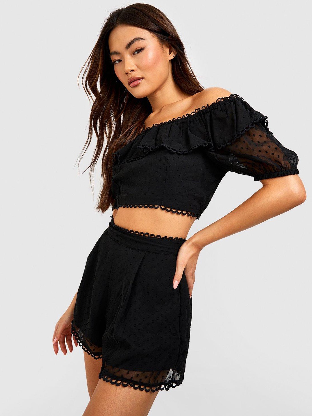 

Boohoo Lace Inserted Dobby Weave Co-Ords, Black