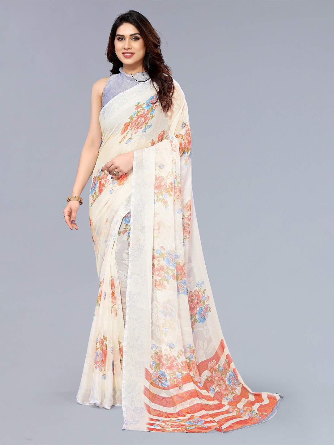 

Winza Designer Floral Printed Saree, Off white