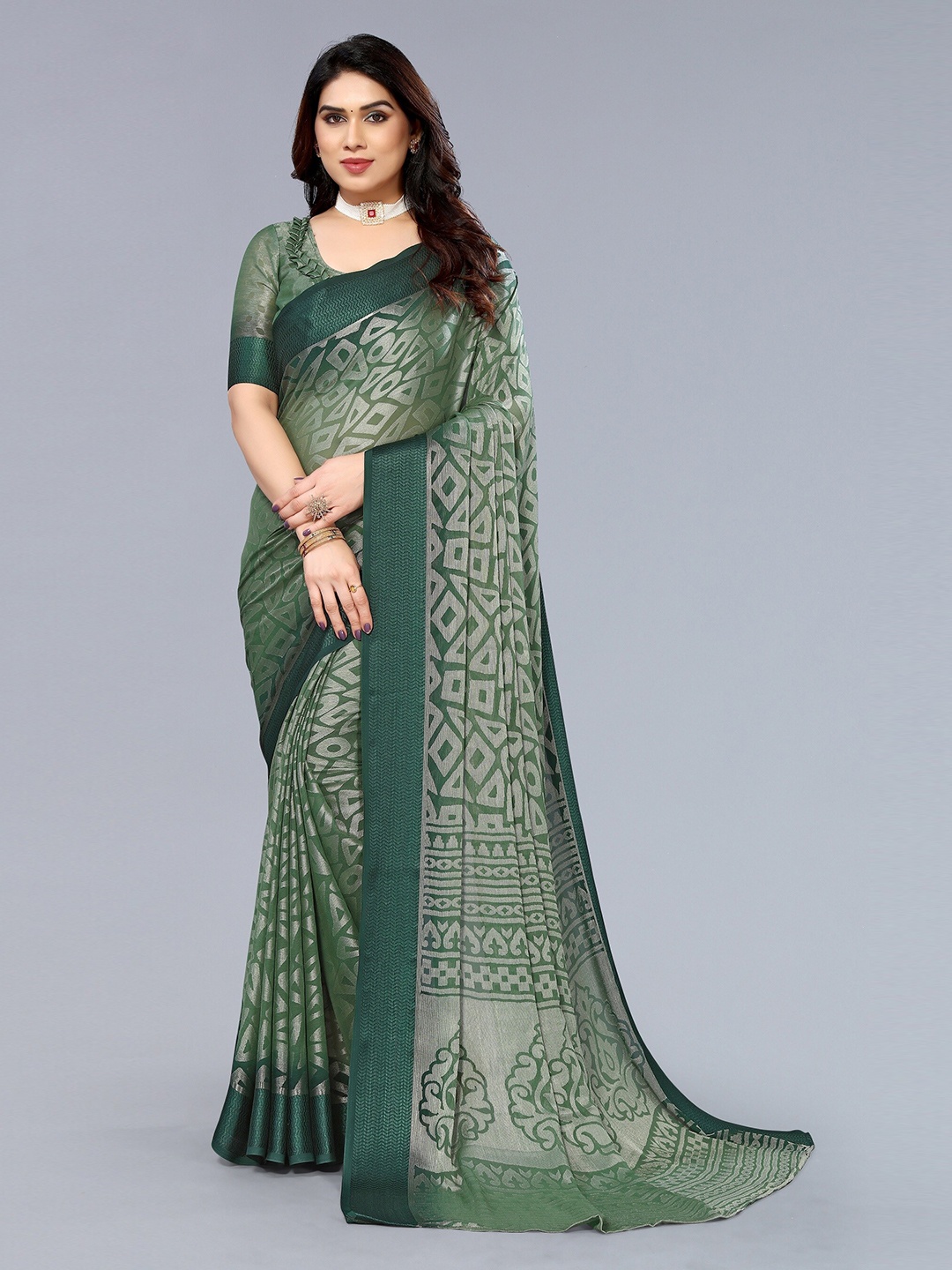 

Winza Designer Geometric Poly Chiffon Banarasi Saree With Blouse Piece, Olive