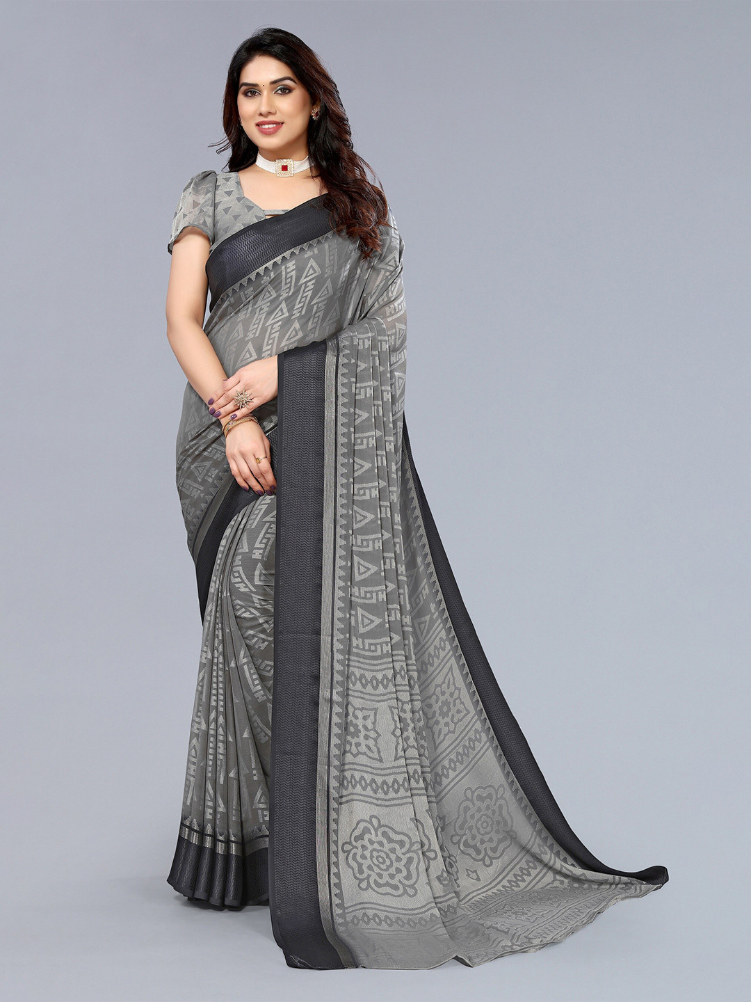 

Winza Designer Geometric Poly Chiffon Banarasi Saree With Blouse Piece, Grey