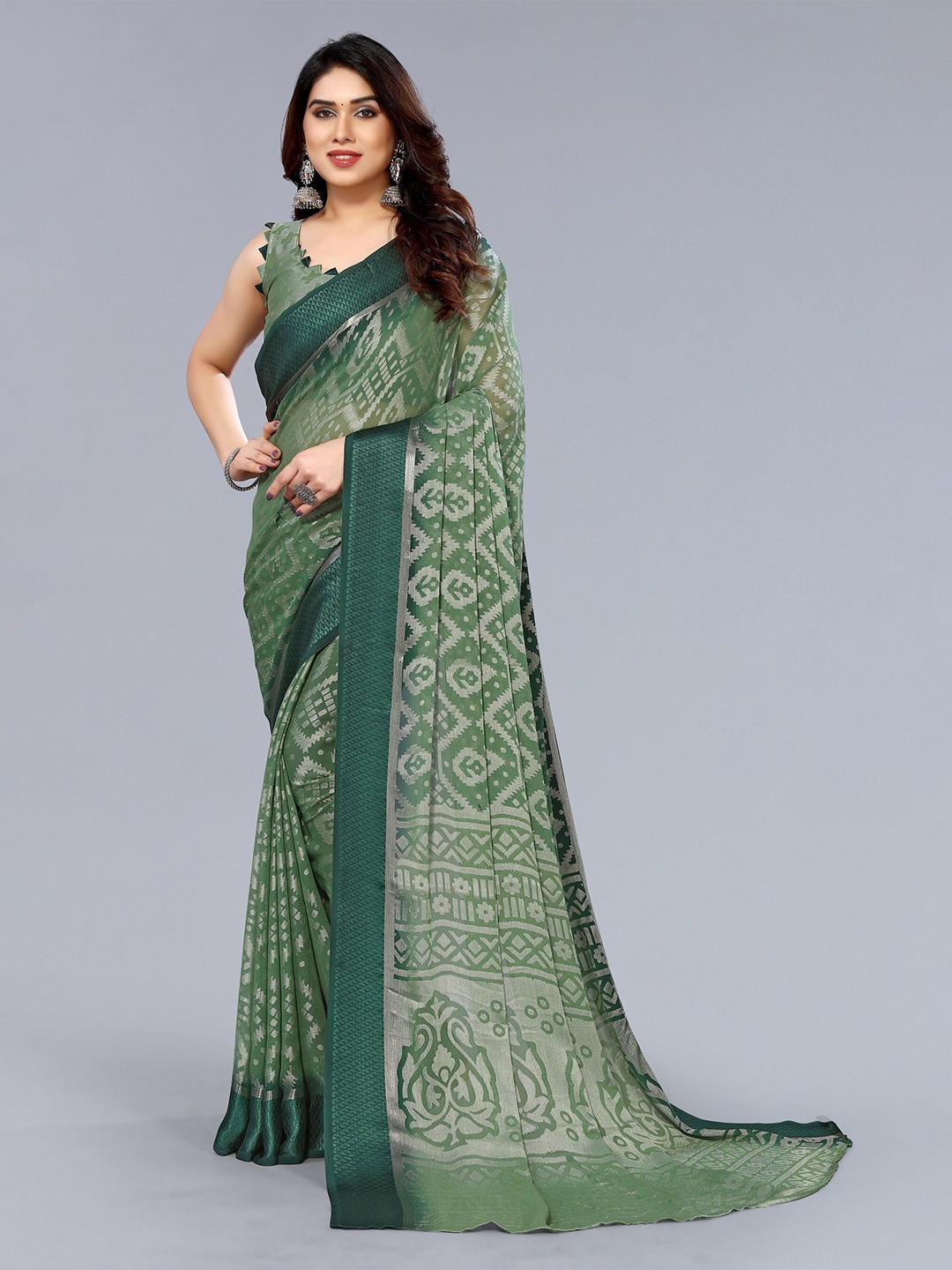 

Winza Designer Ethnic Motif Poly Chiffon Banarasi Saree With Blouse Piece, Olive