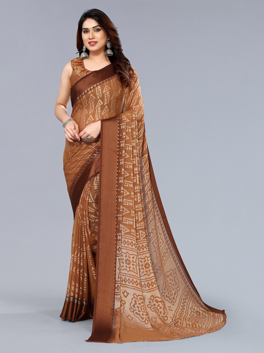 

Winza Designer Geometric Poly Chiffon Banarasi Saree With Blouse Piece, Brown