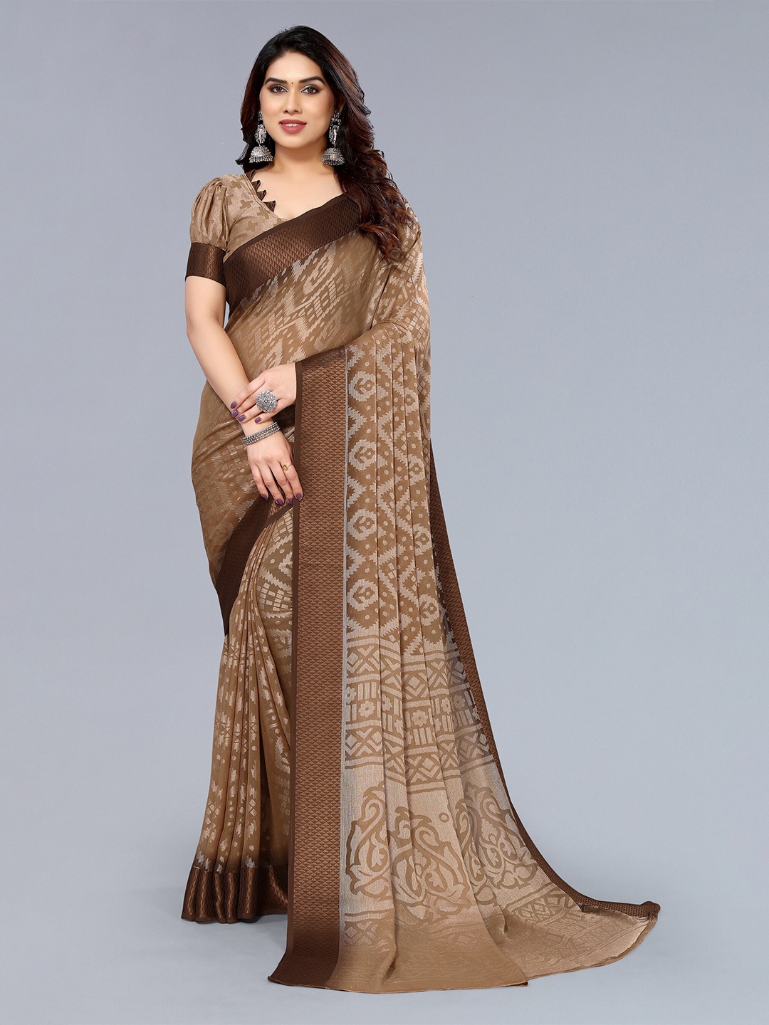 

Winza Designer Ethnic Motif Poly Chiffon Banarasi Saree With Blouse Piece, Brown