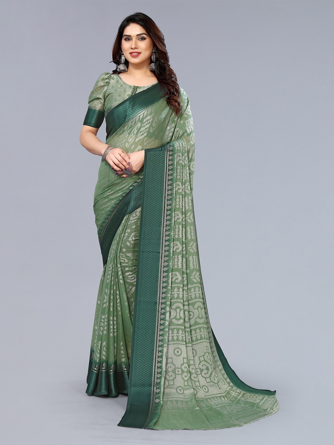 

Winza Designer Paisley Poly Chiffon Banarasi Saree With Blouse Piece, Olive