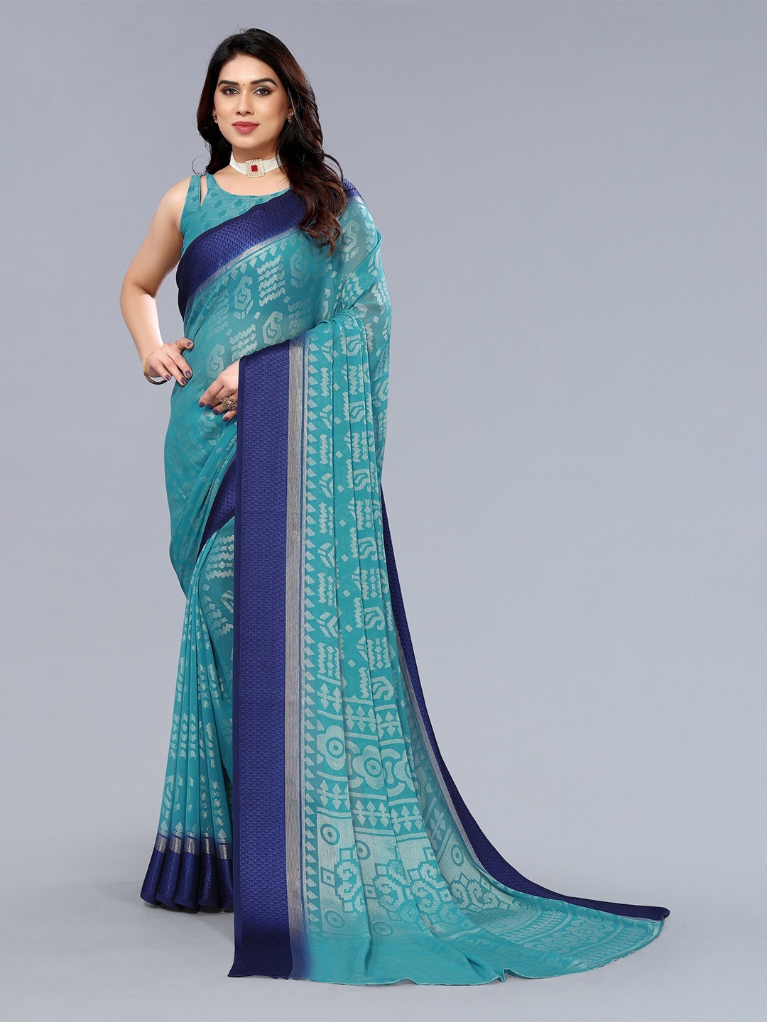 

Winza Designer Paisley Poly Chiffon Banarasi Saree With Blouse Piece, Teal