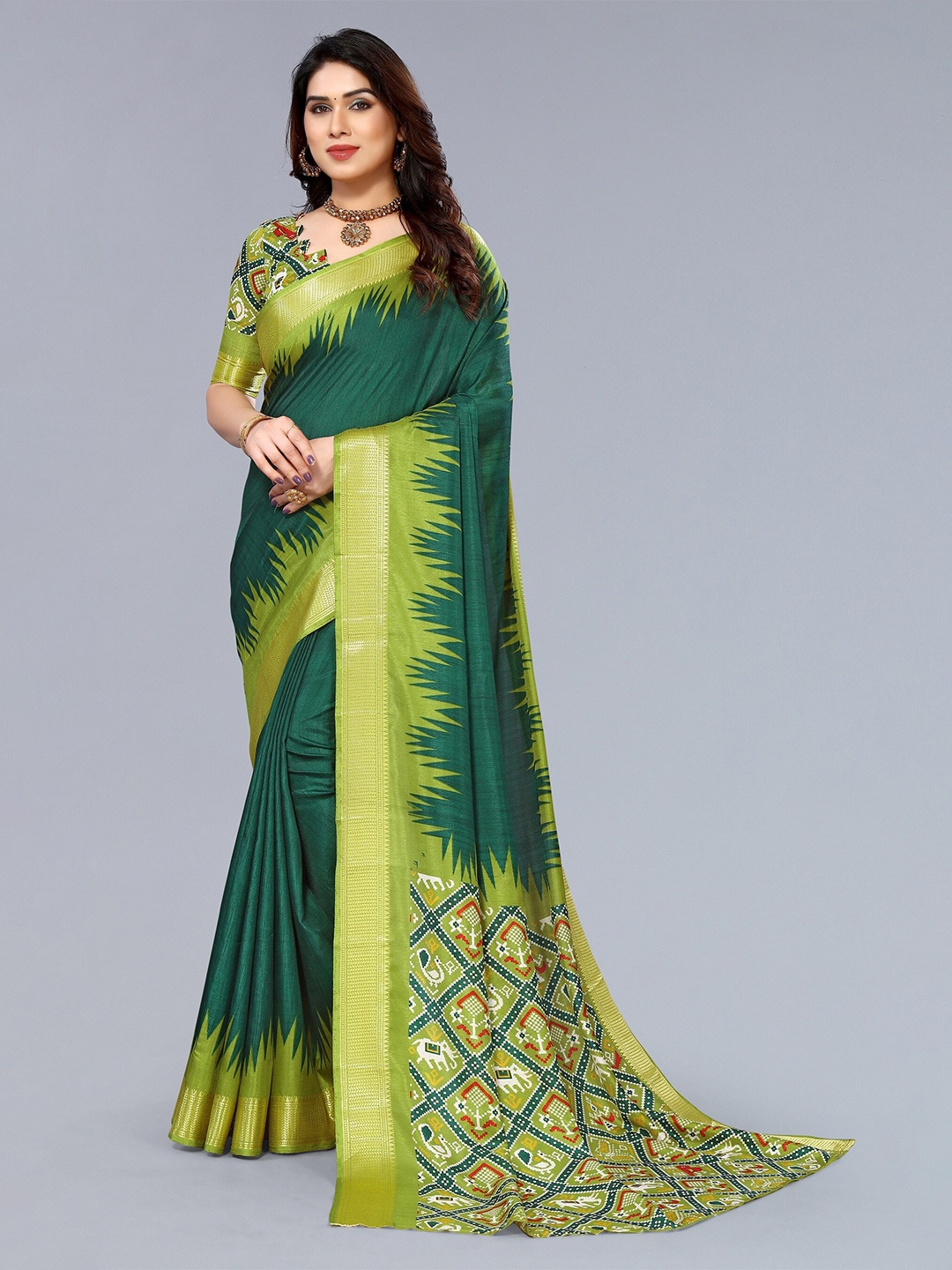 

Winza Designer Ethnic Motif Zari Silk Blend Mysore Silk Saree With Blouse Piece, Green