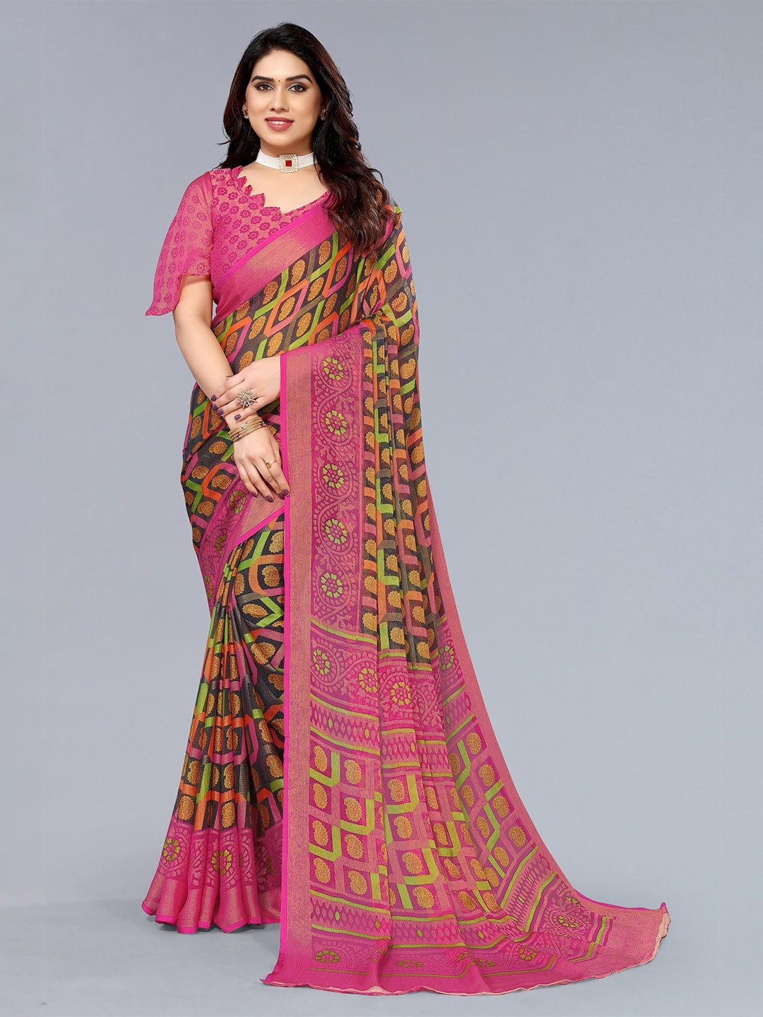 

Winza Designer Paisley Zari Poly Chiffon Dharmavaram Saree, Grey