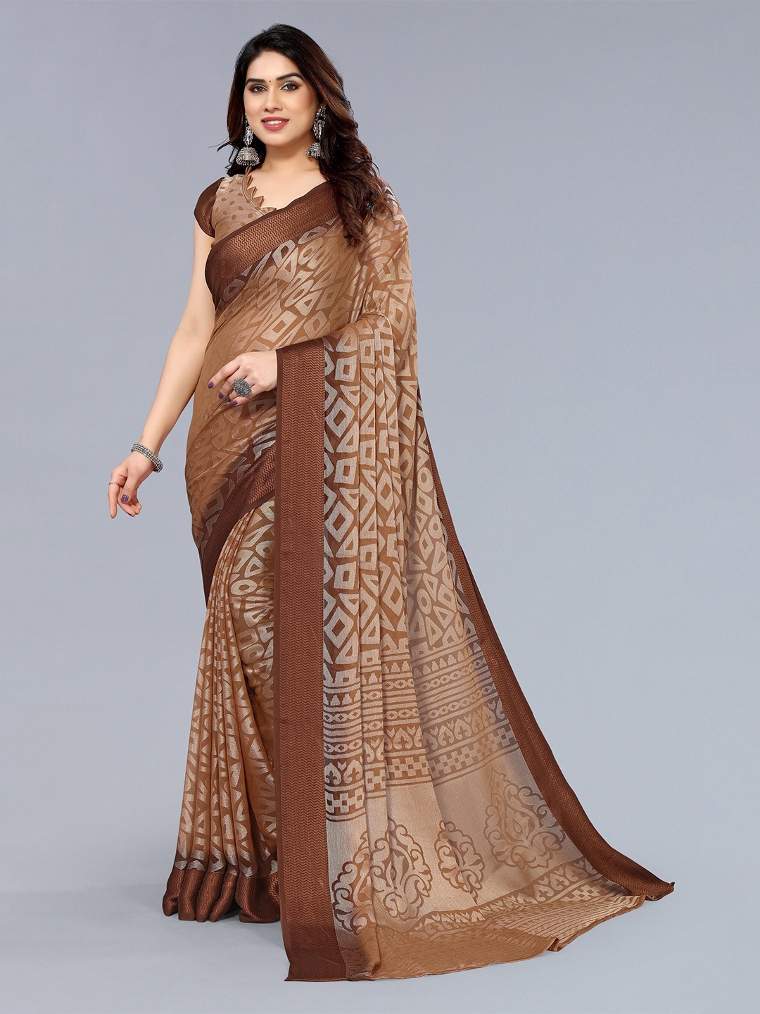 

Winza Designer Geometric Poly Chiffon Banarasi Saree With Blouse Piece, Brown