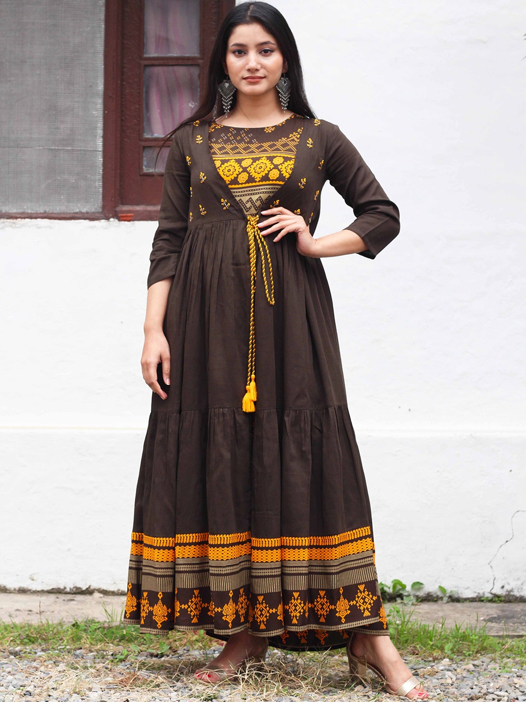 

KALINI Ethnic Motif Printed Round Neck A-line Ethnic Dress, Brown