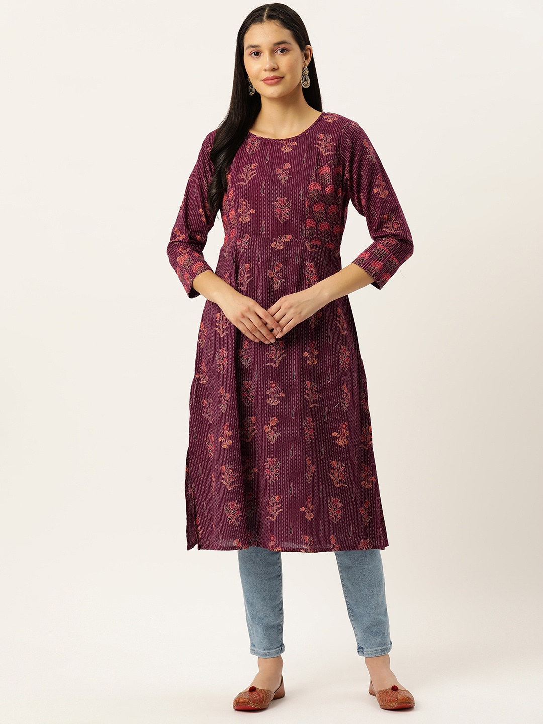 

Molcha Women Floral Printed Cotton Kurta, Maroon