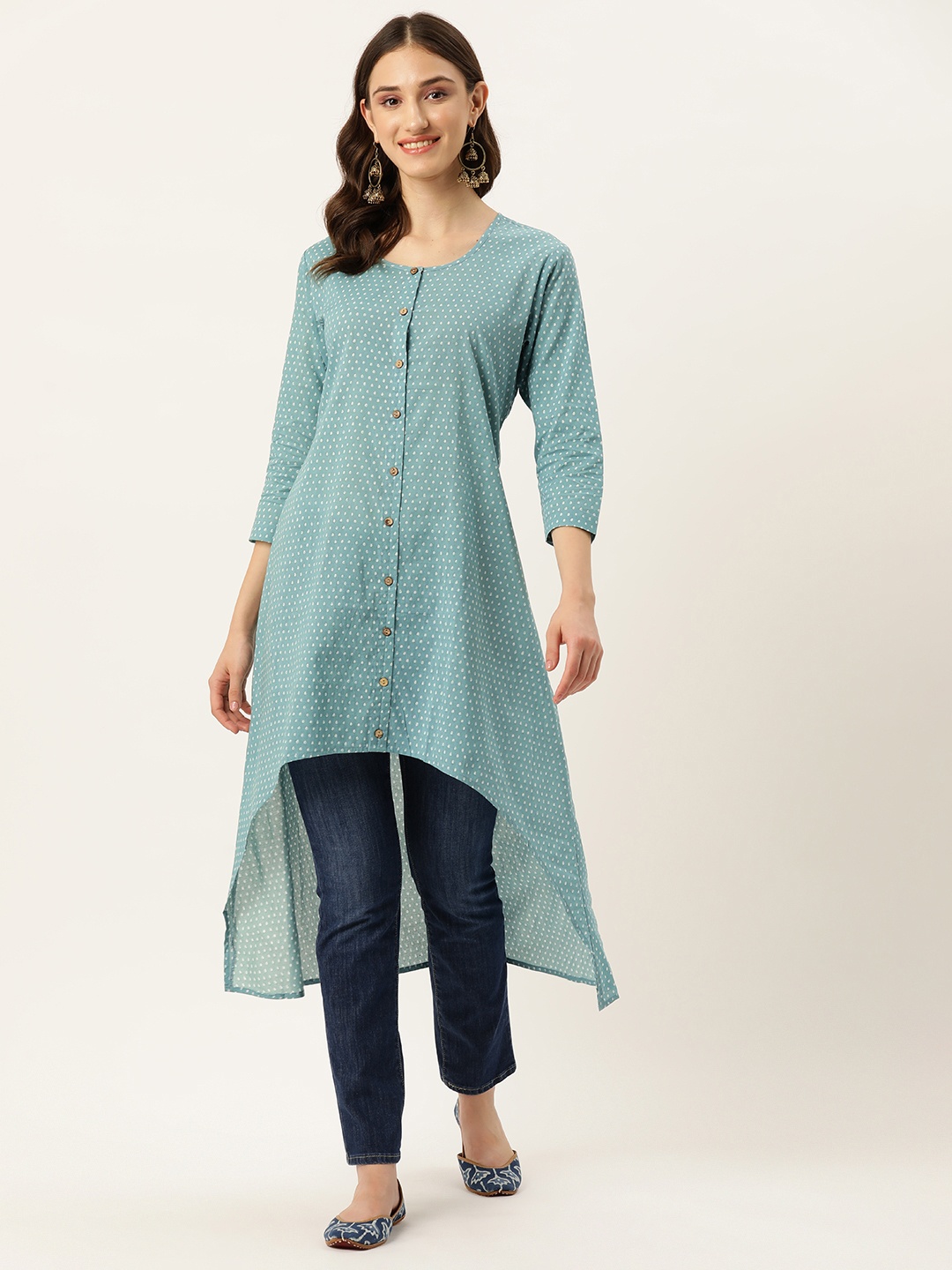 

Molcha Women Polka Dot Printed Cotton Kurta, Turquoise blue