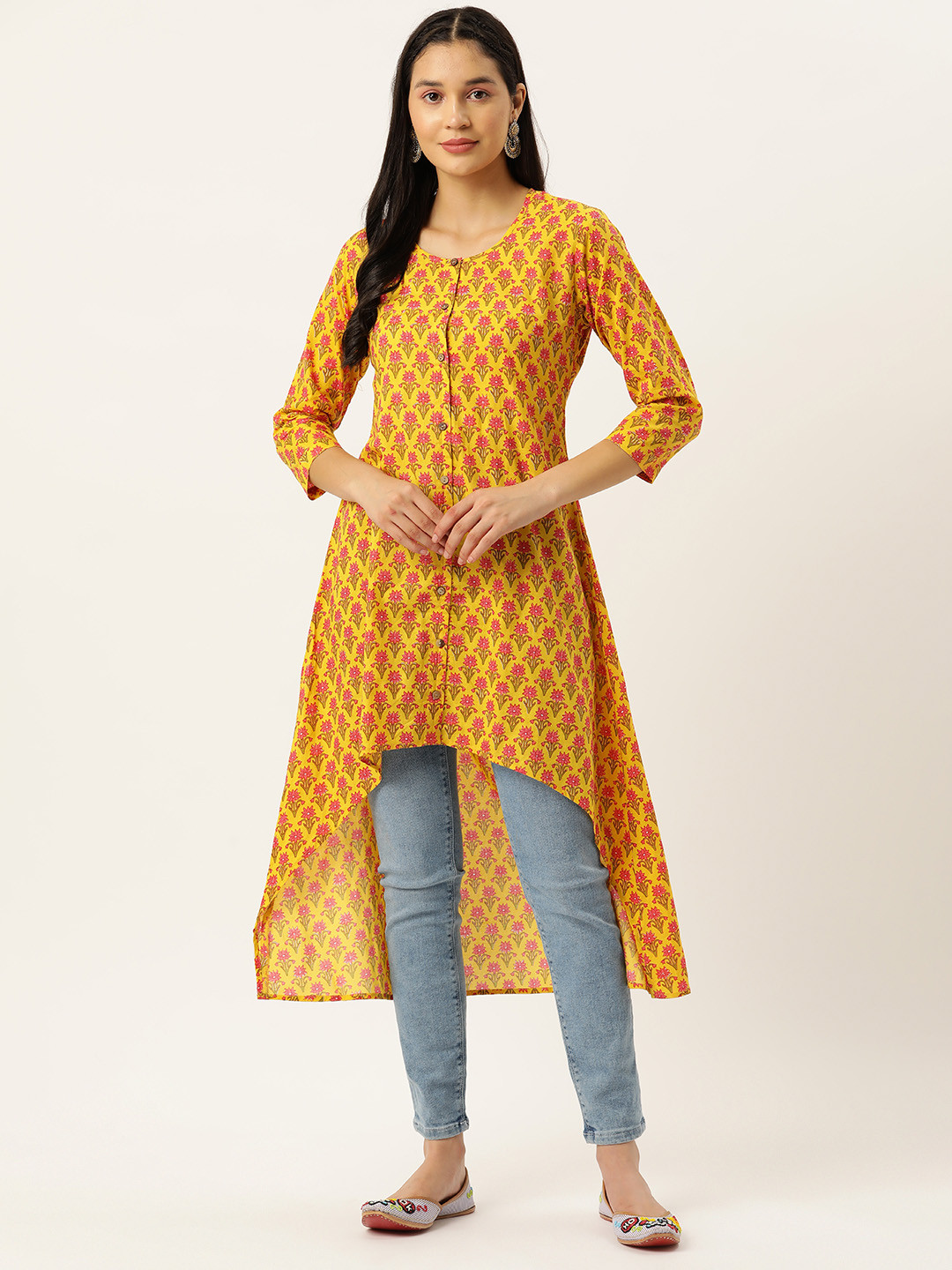 

Molcha Women Floral Printed Cotton Kurta, Yellow