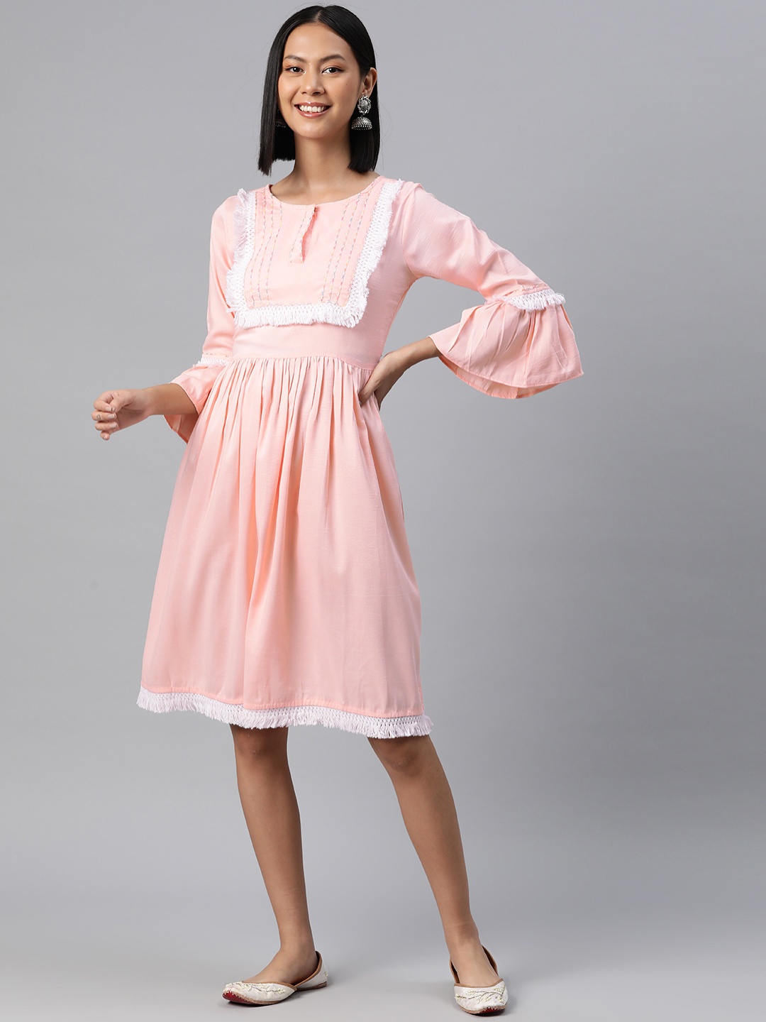 

RAJGRANTH Embroidered Bell Sleeve A-Line Dress, Peach