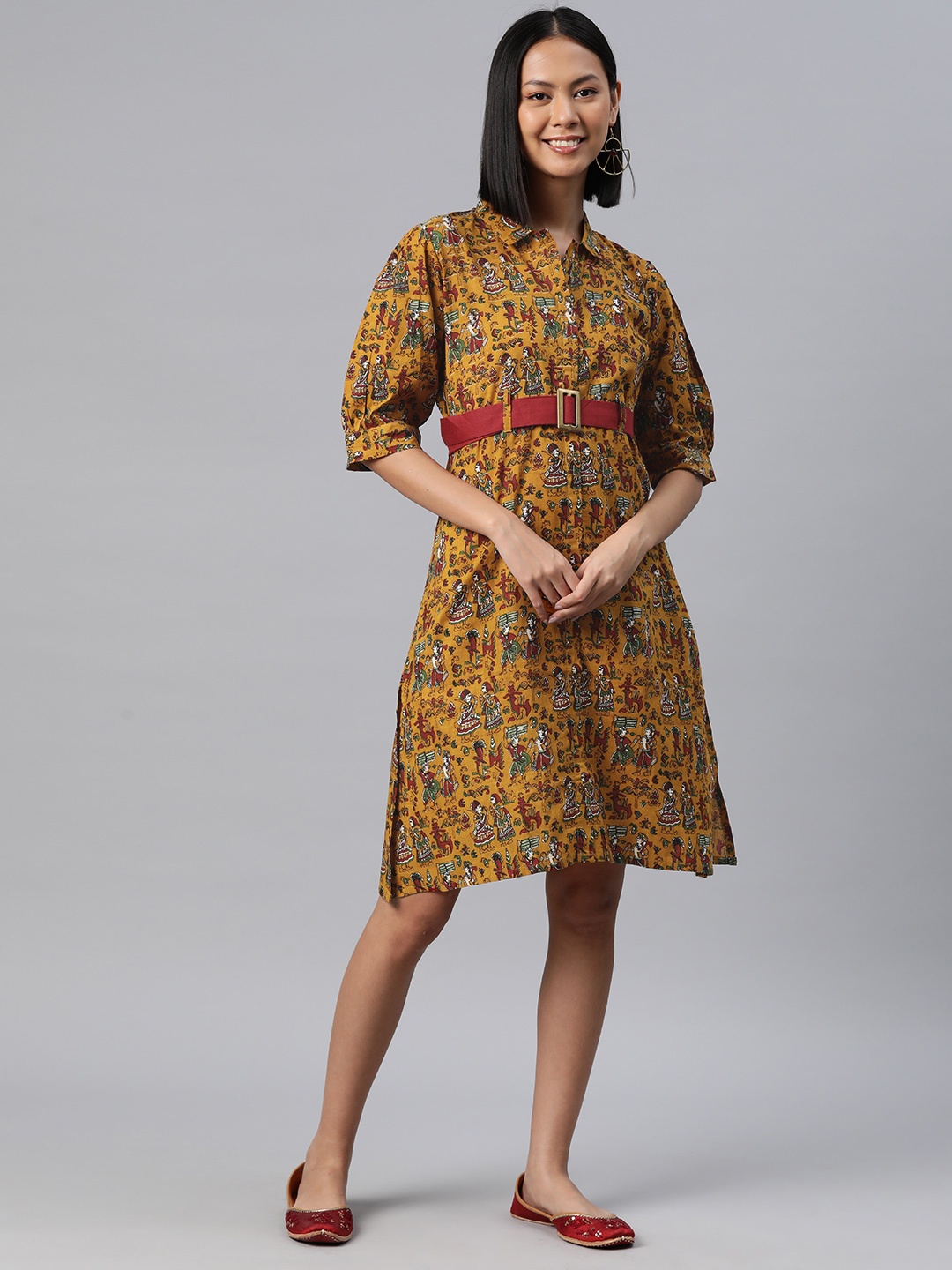 

RAJGRANTH Ethnic Motifs Printed Belted Puff Sleeve Shirt Dress, Yellow