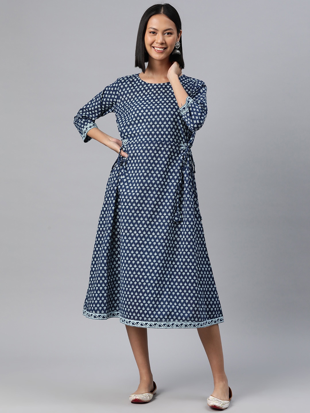 

RAJGRANTH Ethnic Motifs Print A-Line Cotton Midi Dress, Navy blue