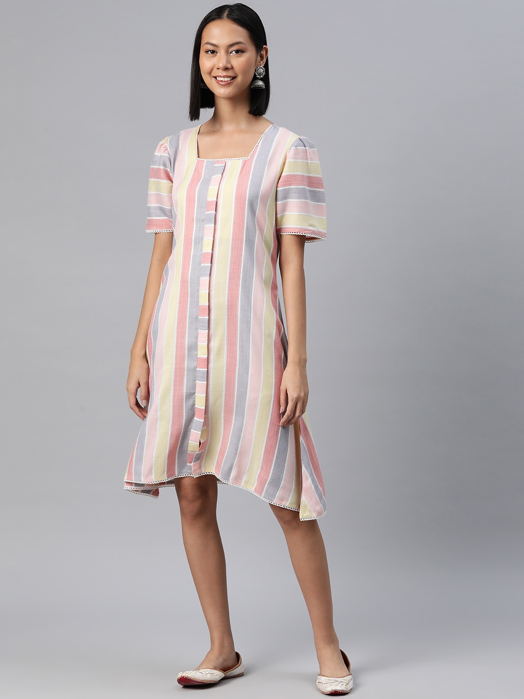 

RAJGRANTH Striped Cotton A-Line Dress, Multi