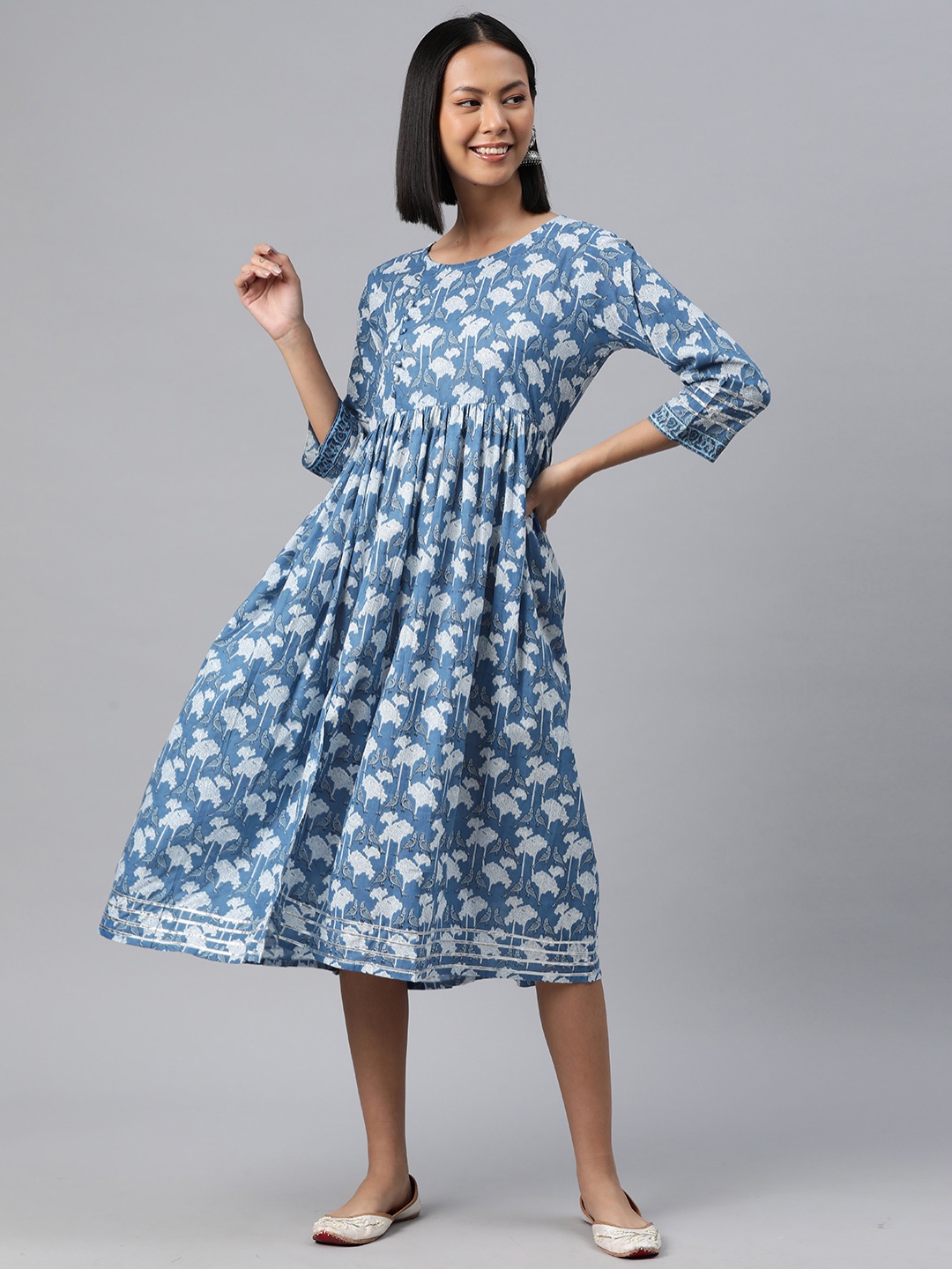 

RAJGRANTH Floral Print A-Line Dress, Blue